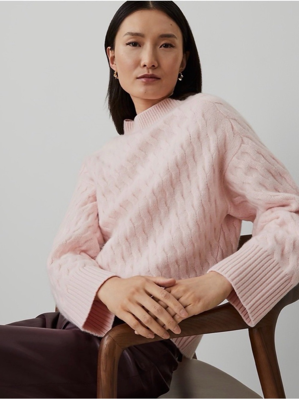 Ann Taylor 100% Cashmere Cable Knit Mock Neck Sweater Pink Size S Soft Luxury